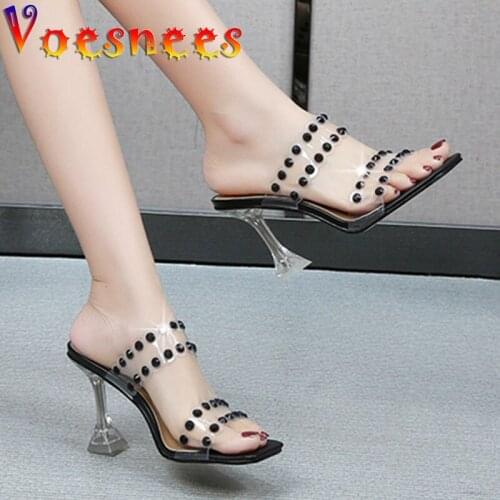 Voesnees Women Clear Slippers Summer Shiny Diamond Sequins Career Office High Heel Shoes 9CM Everyday Home Sandal 2021 Sell Well
