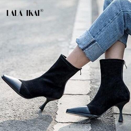 LALA IKAI 2020 Autumn Winter Warm Pointed Toe Sexy Boots Ladies Zipper high heels boots Stiletto Botas Zapatos De Mujer WC6394-4