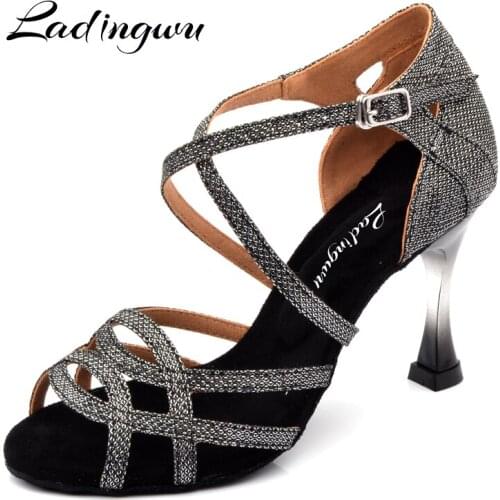 Ladingwu Brands Dance Shoes Women Gray Glitter Salsa Dance Shoes Gradient Gold Plated Heel 7.5cm 9cm Latin Dancing Shoes Sandals