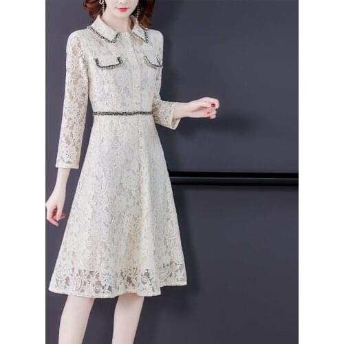 2020 New Spring Autumn Women Dress High Quality Runway Floral Apricot Lace Dress Elegant Slim Ladies Party Dress