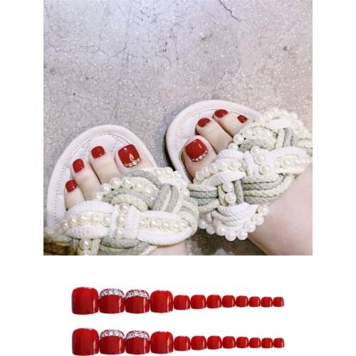 New 24pcs Rhinestone red acrylic UV false Toe nails French round Foot nail extension Female Trendy Nail Art Press On Nail Tips