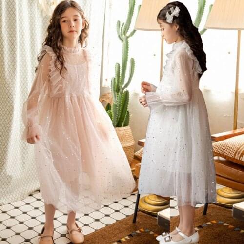 Spring Summer Dress 2020 For Girls Teenage Children Party Dresses Clothing Sequined Long Kids Dress Cute Pink Blue Grey White