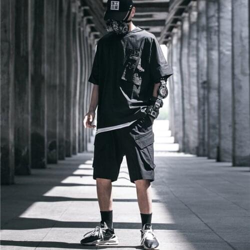 Drawstring Letter Pocket Techwear Tops Tees Men Summer Hip Hop T-shirts Loose Casual Japan Style Pullover Tshirts Streetwear Top