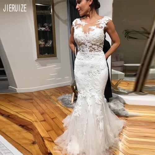 JIERUIZE Mermaid Wedding Dresses Backless Cap Sleeves Scoop Neck Lace Appliques See Through Bridal Gowns Vestido De Noiva