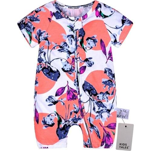 Kids Tales 2020 Summer Newborn Infant Bodysuit Baby Girl Short-sleeved Jumpsuit Double Zippe Cotton Flowers