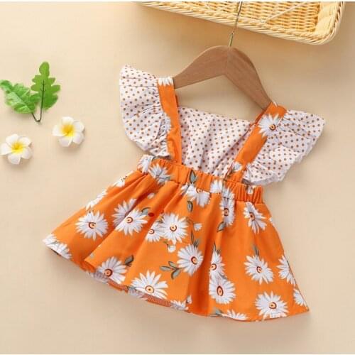 Baby Girls Summer New Lovely Dot Chrysanthemum Print Suspender Dress for Girls and Infants Princess Dress