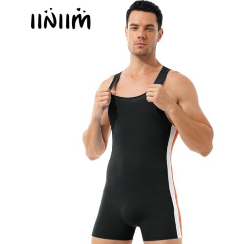Mens Male Athletic Wrestling Skinny Jumpsuit Contrast Color Stripe Stretchy Leotard Round Neck Sleeveless Sport Bodysuit