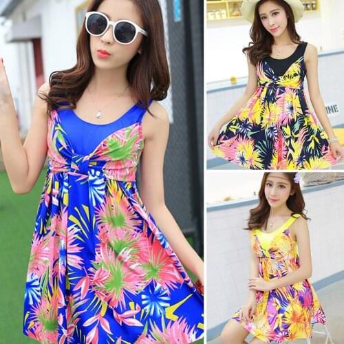 New Floral Printed One-piece Women Loose Summer Beachwear Bathing Suit Swimwear skirt plus fat to increase conservative swimwear