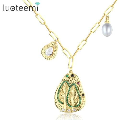 LUOTEEMI Sweet Furit Two Pears Long Link Chain Pendant Necklace for Women Cultivated Freshawater Pearl Necklaces Colorful Stone
