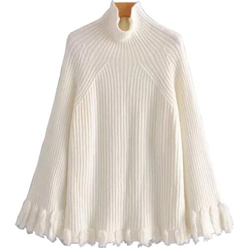 PERHAPS U Women Sweater Knitted Black White Turtleneck Pullovers Long Sleeve Casual Winter Loose Fur Tassel M0074