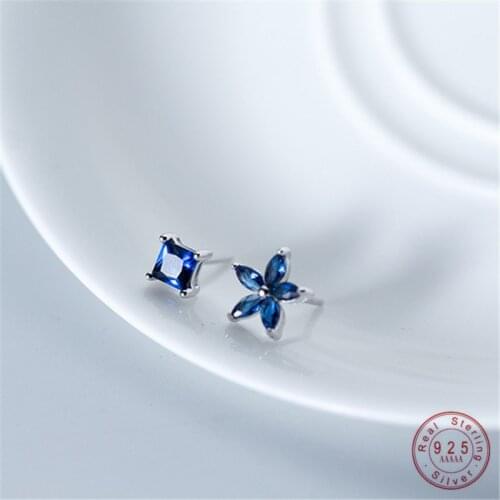 WANTME Luxury Korean Blue Crystal Zirconia Square Five Petals Stud Earrings for Women 100% Real 925 Sterling Silver Jewelry Gift