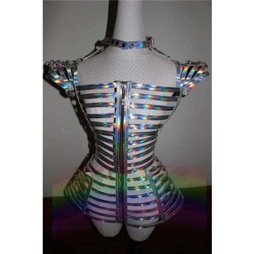 Silvery multicolor Laser mirror Women Party Fashion Week T-Show Female Model Catwalk costume Artwear gogo show stage
