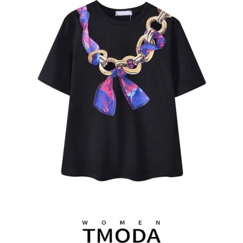TMODA1412 Za 2021 Summer Women Chain Bow Print Black T Shirt Ladies O Neck Short Sleeve Loose Tops Female Casual Streetwear Tee