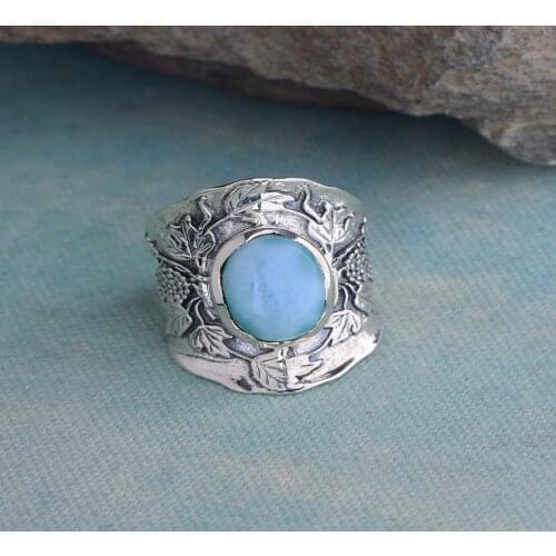 Vintage Leaf Shape Inlaid Turquoise Ring for Women Engraved Grapes String Hip Hop Party /club Lady Bohemian Jewelry Rings