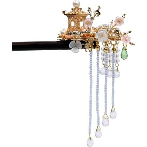 Vintage Pavilion Flower Tassel Step Shake Handmade Pearl Hairclip Pin Accessories Headwear Up Do Hair For Kimono Hanfu COSPLAY