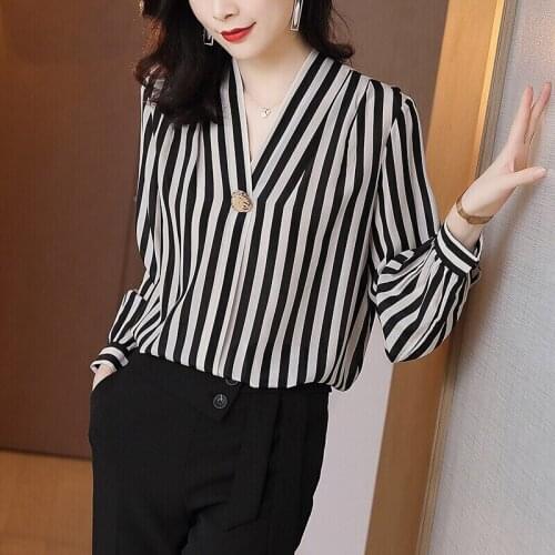 Stripes Print Chiffon Shirt Women V-Neck Collar Office Blouse Long Sleeve Summer Shirts Fashion Tops and Blouses My New In 2021