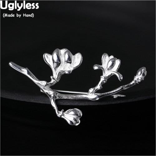 Uglyless 100% Real 925 Sterling Silver Flower Branch Brooches for Women Vintage Ethnic Thai Silver Floral Brooch Fine Jewelry