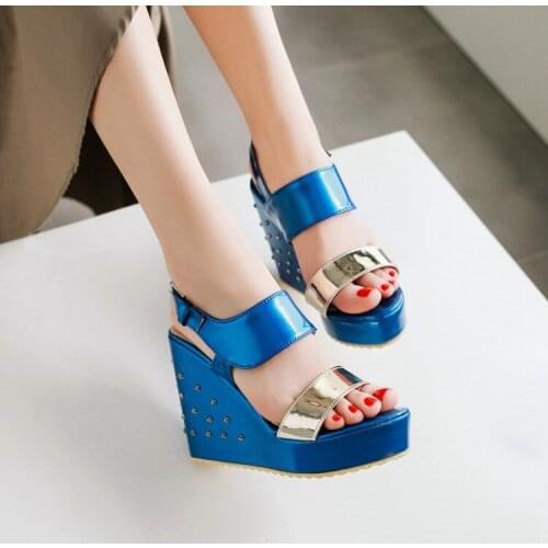 PXELENA Platform Wedge High Heels Sandals Women Rivet Open Toe Contrast Color Office Career Party Lady Shoes Big Size 2018 New