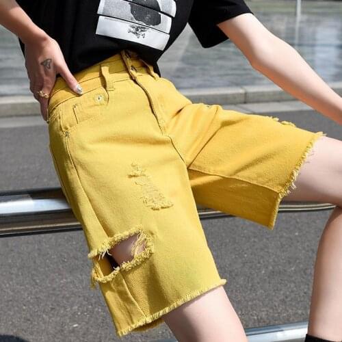 2021 Woman Wide Legs High Waist Solid Knee-lenght Denim Shorts with Hole Casual Female Loose Fit Jeans Vintage Ladies Shorts Z35