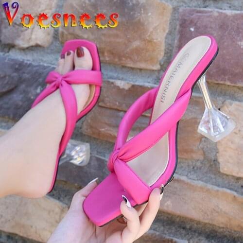 Women Slippers 2021 Popular Fashion Summer Female Cross Vamp Flip-Flops High-Heeled Shoes 9cm Peep Toe Crystal Cup Heel Sandals