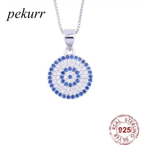 Pekurr 925 Sterling Silver Round Zircon Evil Eye Necklaces For Women Blue Gems Crystal Pendants Choker Fashion Jewelry Gifts