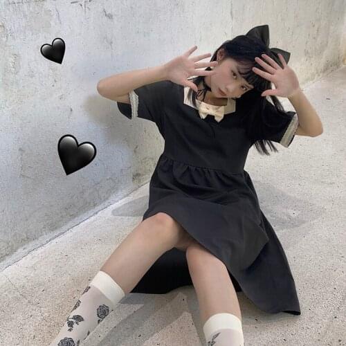 Skirt 2020 New Summer Japanese Sweet Square Collar Bow Stitching Dark Student Short-Sleeve Dress Female sweet lolita dress
