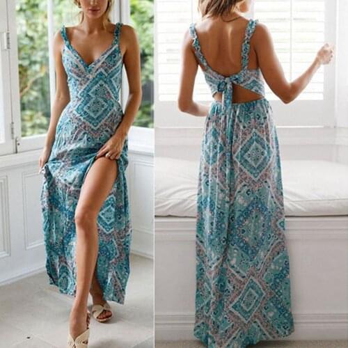 Sexy Backless Deep V-neck Boho Beach Maxi Dress Womens Fashion Versatile Strap Tie Sexy Waist Print Long Dress High Split