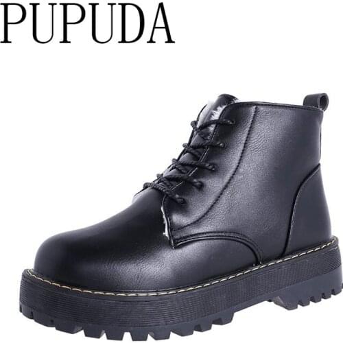 PUPUDA Winter Boots Women Black Platform Boots Outdoor Classic Snow Boots Lace Up High Top Casual Shoes Female 2020