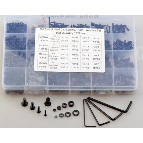 1220Pcs/Lot Black Carbon Steel 10.9 Grade High-Strength Bolt M2/M3/M4/M5 Hexagon Socket Countersunk Head Screws Nuts Washers Set