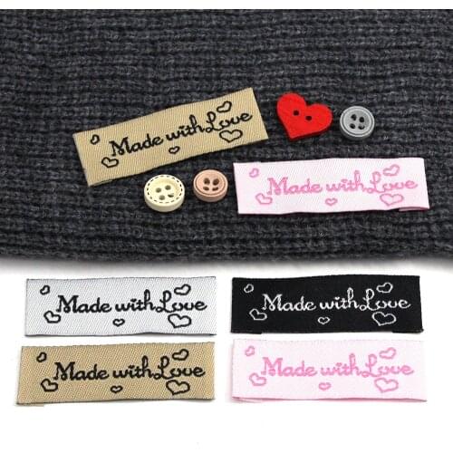 20Pcs Cotton Labels Made With Love Woven Labels For Knitted Hats Scarfs Hand Made Tags Clothes Labels Sew Accessories 48x16MM