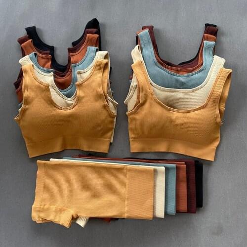 Seamless Fitness Women Yoga Suit U-neck/Square Collar Padded Sports Bra High Waist Shorts 2 Pieces Sexy Workout Outfit Gym Wear