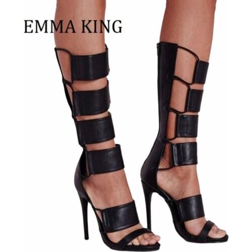 Summer Women Lace Strap Gladiator Sandal Boots Sexy Open Toe Fashion Hollow Botas Mujer Cut-Out Leather High Heel Mid-Calf Boots