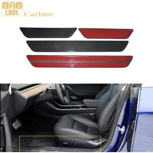 Glossy Black Real Carbon Fiber Car Inner Door Sill Strips Protector Sticker Trim For Tesla Model 3