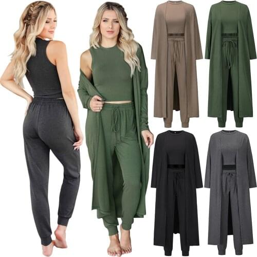 Womens Jumpsuits Solid Color Summer Autumn Oversize Tops + Pants + Vest Three Pieces Outfit Casual Chic Loose Knitwear C2979
