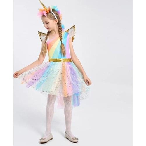 Halloween Girls Unicorn Costume Rainbow Pony Birthday Tutu Outfits Sparkle Tulle Fancy Dress Up Party Dress With Headband Wings