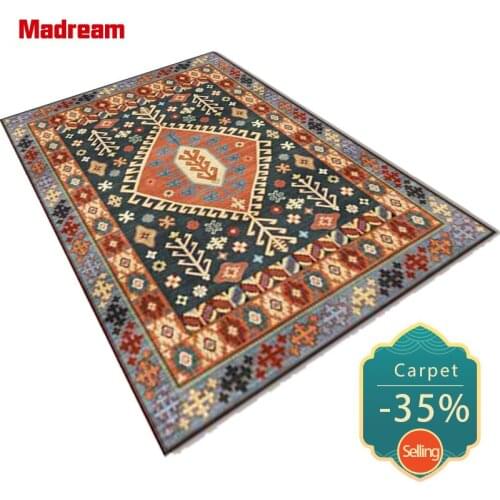 Persian Ethnic Style Living Room Carpet Mediterranean Dark Blue Red Bedroom Rug Ethnic Style Geometric Pattern Bedside Floor Mat