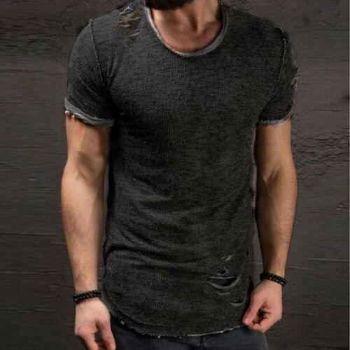 Men Casual Gym Sport T-shirt Muscle Bodybuilding Fitness Tee Weight Training Solid Top Hole T-Shirts