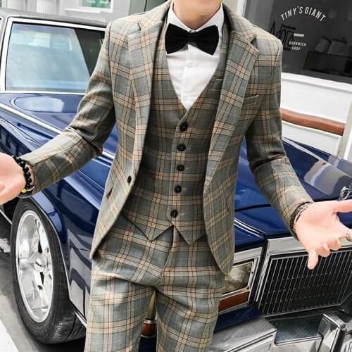 Autumn 2020 Luxury British style Casual Business Slim Plaid mens suit groom Wedding dress prom party tuxedo men suit 3Pcs/Set