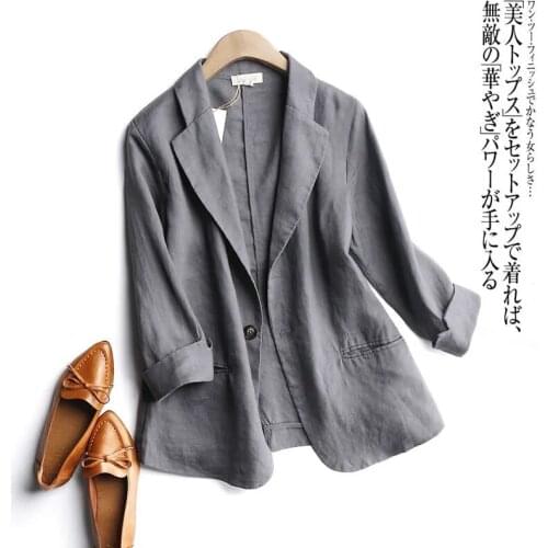 Thin Cotton Linen Small Suit Jacket Female Plus Size 2021 Spring Summer New Korean Elegant Simple 3/4 Sleeve Casual Suit coat