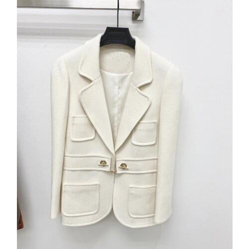 Ladies 2021 high new quality fashion long sleeve lapel solid color wool copper chain jacket 0105