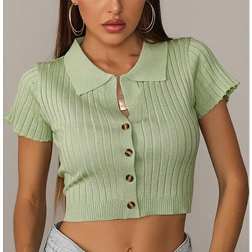 Turn-Down Neck Knitted Cropped Women Single-Breasted Button Crop Tops Female High Street Skinny T Shirt Tees Clubwear Top Tees