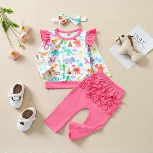 2pcs Kids Girls Clothes Autumn Tracksuit Cartoon Dinosaur Round-neck Long Sleeves Blouse + Elastic Waist Ruffled Pants Pink