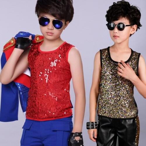 2021 Jazz Dance Costume Boys Sequined Vest Top Stage Outfit Kids Hiphop Clothes Children Street Dancing Performance Wear DN2960