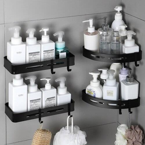 Aluminum Wall Mounted Bathroom Storage Shelf Rack Corner Shower Caddy Cosmetic Shampoo Holder with Hooks Bathroom Organizer