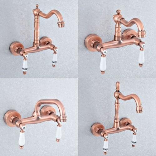 Antique Red Copper Brass Wall Mounted Bathroom Kitchen Sink Faucet Swivel Spout Mixer Tap Dual Ceramic Handles Levers msf900