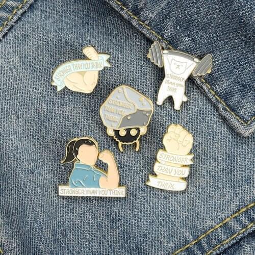 New Cartoon Weightlifting Muscle Fist Brooches Stronger than you think Enamel Pins Lapel Badge Bag Gift for kids friends