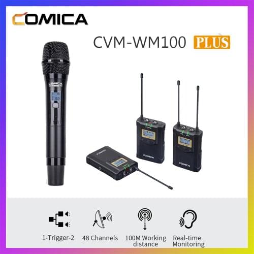 Comica CVM-WM100 Plus 48-Channel Wireless Lavalier Lapel Microphone System for DSLR Cameras,XLR Camcorder,etc.(1RX+2TX+1HTX)