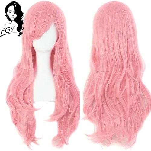 FGY 28 Inch Long Curly Hair Deep Wave Wig Side Bangs Synthetic Ladies Wig Cosplay Gold Black Wig Heat-Resistant Fiber