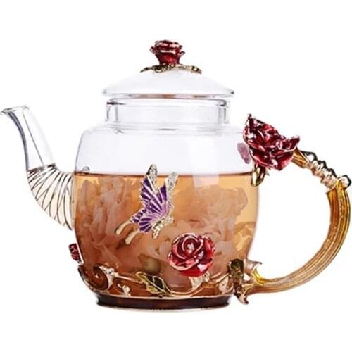 Creative Hand Painted Enamel Color Household Kung Fu Kettle Simple Heat Resistant Glass Office Tea Set High End 3D Flower Teapot