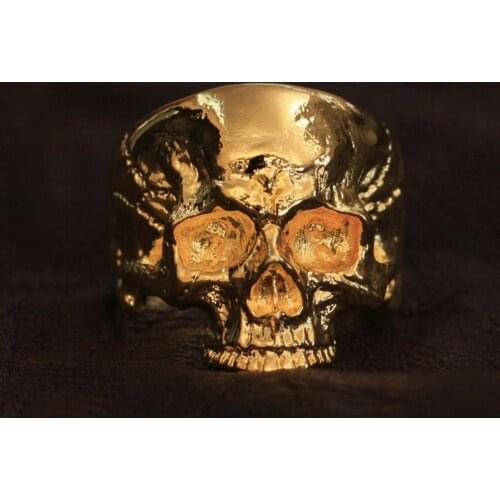 LINSION Details Gold Plated Brass Skull Ring Mens Biker Rock Punk Jewelry GP135 US Size 6.5~15
